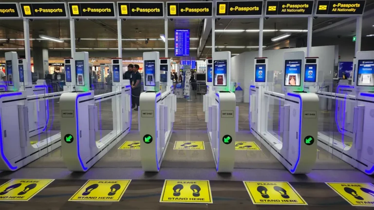 A row of automated border control gates with blue LED lighting at Phuket International Airport, with yellow overhead signs reading e-Passports and e-Passports All Nationality, yellow floor markers indicating where passengers should stand, and an international departures flight information board visible in the background.