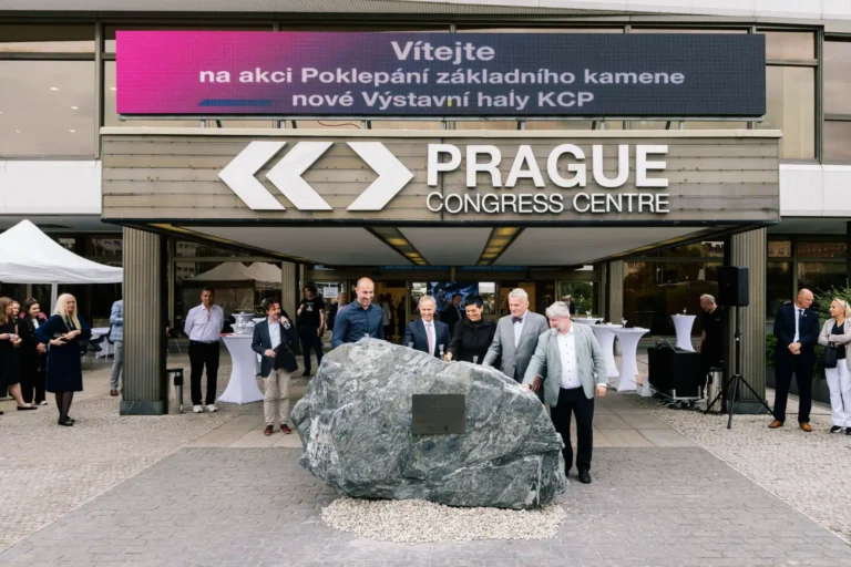 Mice 16 Officials and project partners gather at the Prague Congress Centre during the foundation stone ceremony marking the start of construction of a new Exhibition Hall in Prague.