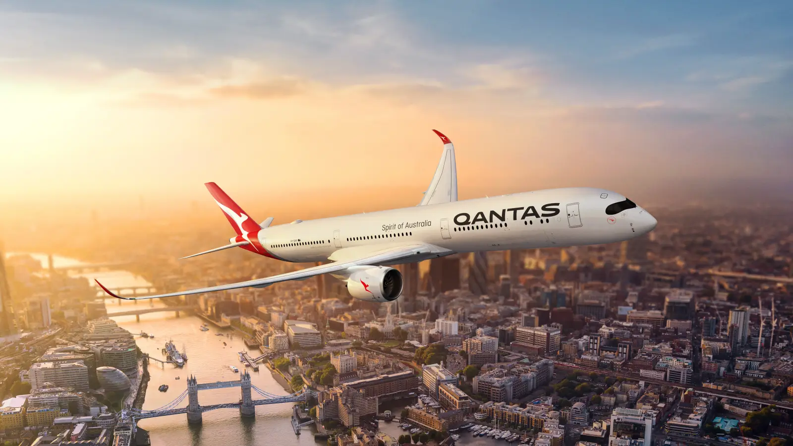 Qantas Reveals Project Sunrise Cabins Ahead Of Historic Sydney To London Non-Stop Flights 3 Qantas Airbus A350 flies over central London at sunset as the airline prepares for Project Sunrise non-stop flights.