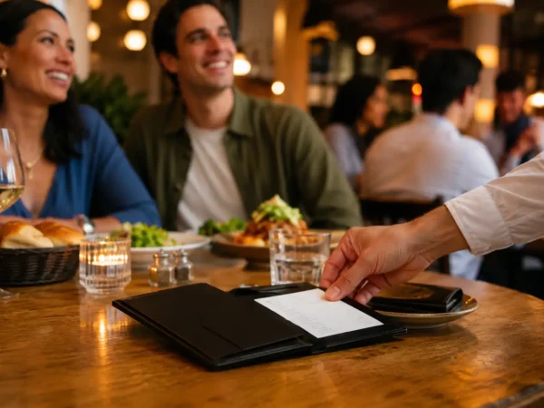 Restaurant diners receiving a bill at a busy restaurant during a major international sports event