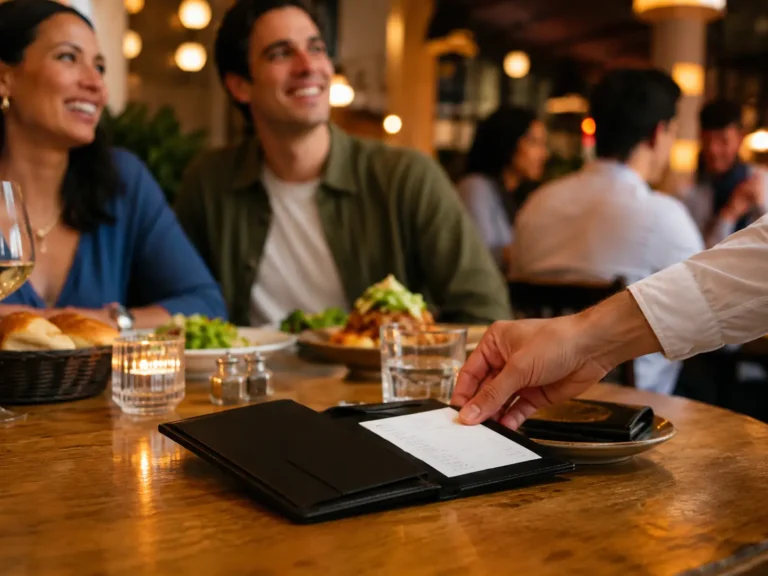 Restaurant diners receiving a bill at a busy restaurant during a major international sports event