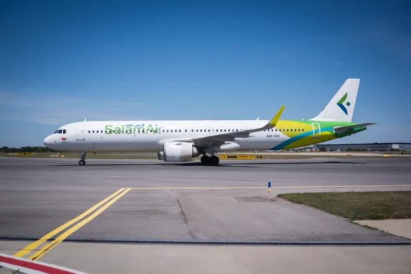 SalamAir Airbus A321neo taxiing at Vienna Airport following the launch of the airline’s new direct service between Vienna and Muscat.