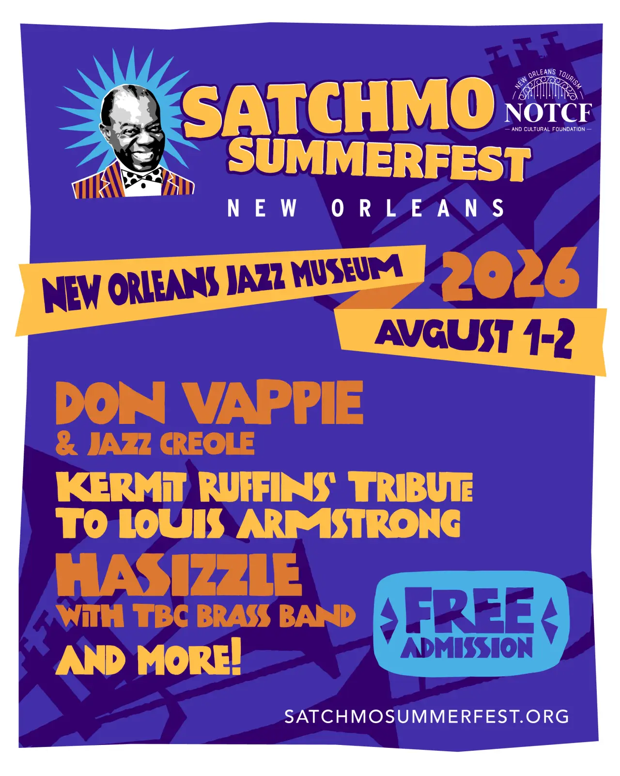New Orleans Marks 26 Years Of Satchmo Summerfest With Free Music Weekend 3 Satchmo SummerFest 2026 poster for New Orleans Jazz Museum, August 1 to 2, free admission