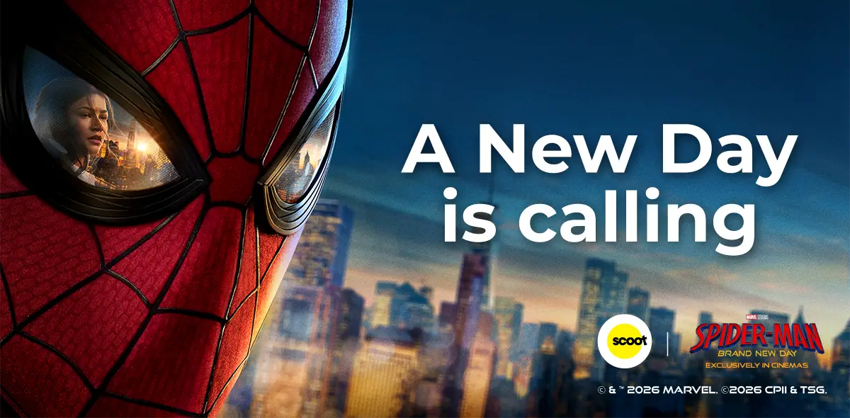 Scoot Presents Spider-Man: Brand New Day Collaboration 3 Promotional banner for the Scoot and Spider-Man: Brand New Day collaboration, showing a close-up of Spider-Man's mask with a city skyline reflected in the eye lens, a New York skyline at dusk, the text "A New Day Is Calling," and the Scoot and Spider-Man: Brand New Day logos.