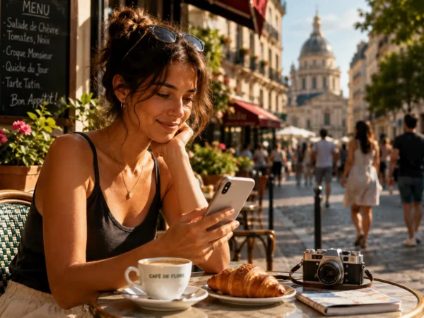 Solo traveler using a smartphone at a sunlit European café terrace with coffee, croissant, and blurred historic street scene in the background.