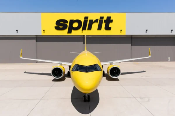 A yellow Spirit Airlines narrow-body aircraft parked on the tarmac directly in front of a large hangar bearing the Spirit logo in black lettering on a yellow background, viewed head-on under a clear blue sky.