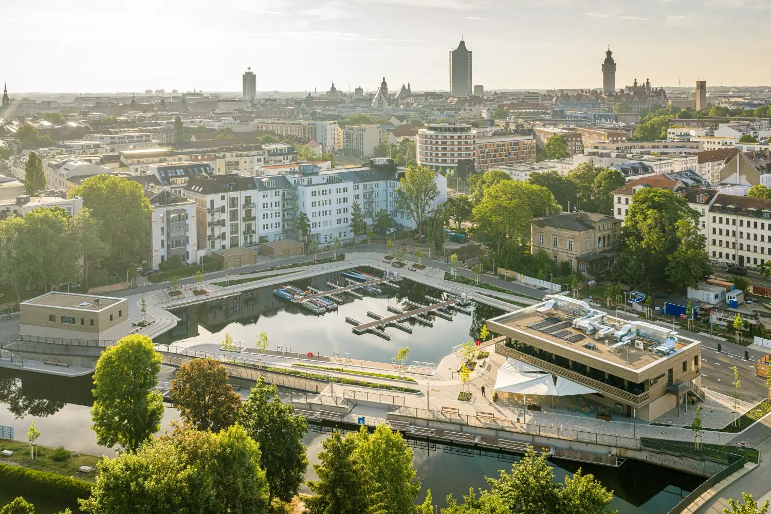 Leipzig Opens Stadthafen Harbour After 25 Years Of Development 3 Aerial view of Stadthafen Leipzig harbour with marina basin and Leipzig city skyline in the background
