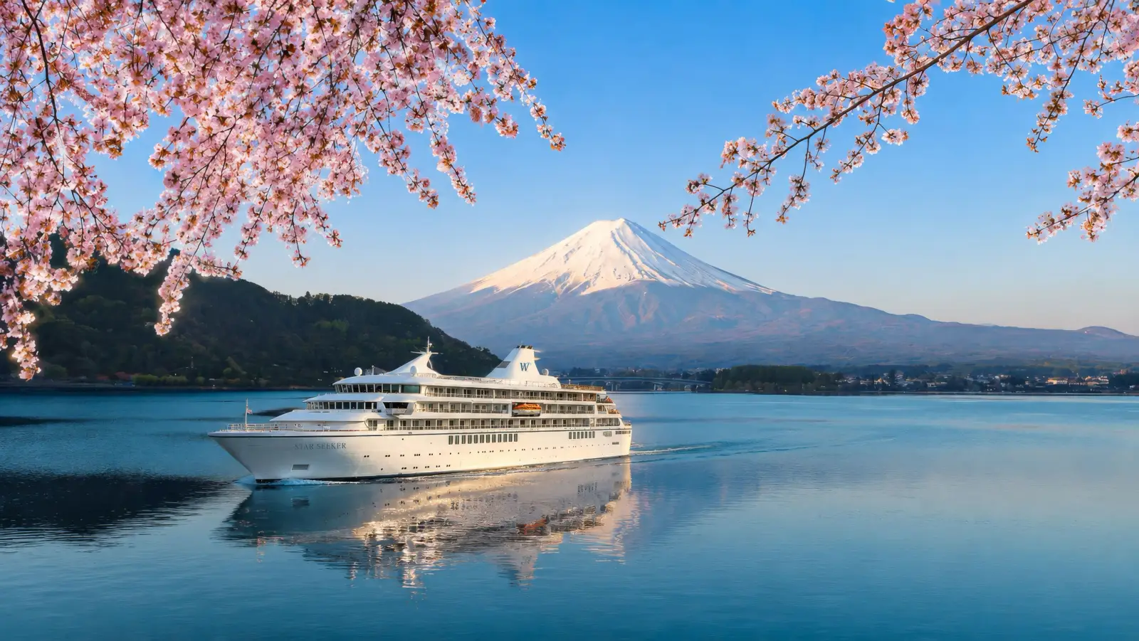 Windstar Cruises’ Star Seeker sailing beneath cherry blossoms with Mount Fuji in the background during a Japan cruise.