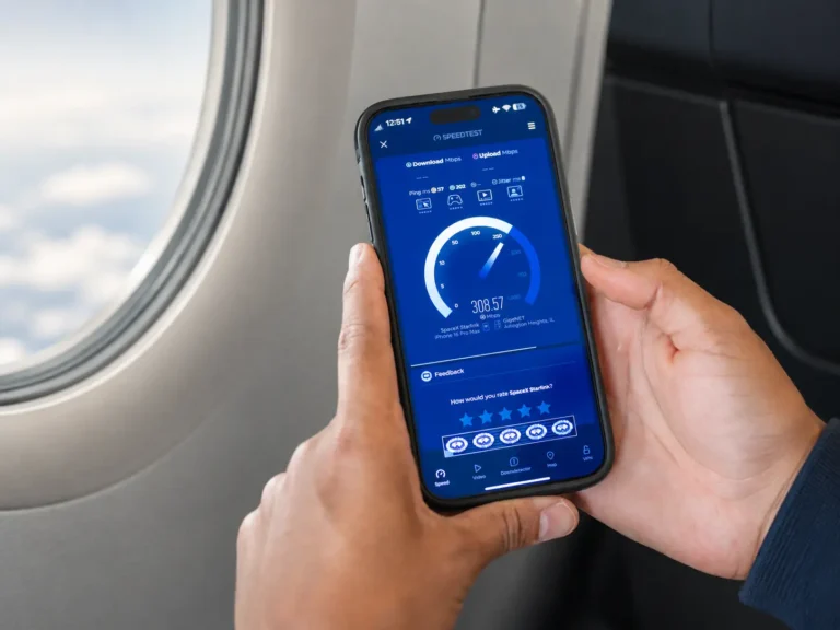 Aviation 6 Passenger tests high-speed in-flight Wi-Fi on a smartphone while seated by an aircraft window
