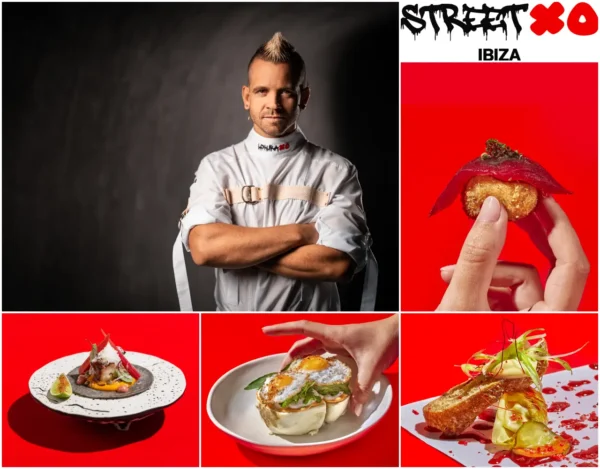 Promotional collage for StreetXO Ibiza featuring chef Dabiz Muñoz with arms crossed in a white chef's jacket on a dark background, alongside the StreetXO Ibiza logo and four signature dishes shown on red backdrops, including a tuna-topped croquette nigiri held between two fingers, a plated octopus dish with lime, an egg dish held in one hand and a layered creation on a sauce-splattered plate.