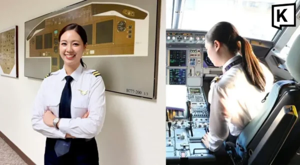 A two-panel image of Thai Airways first female pilot Pannathorn Tangrungruangchai. On the left she stands smiling in her white pilot's uniform with epaulettes and a navy tie, arms crossed, beside a framed cockpit instrument diagram. On the right she is seated at the controls inside an Airbus A320 flight deck, viewed from behind, operating the instrument panel.