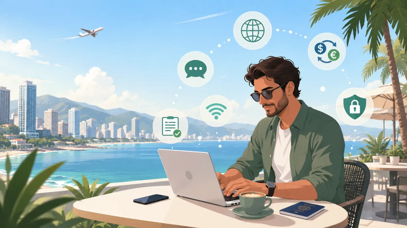 Flat-vector illustration of a remote travel entrepreneur working on a laptop at a sunny coastal cafe terrace with business and travel icons floating around the scene.
