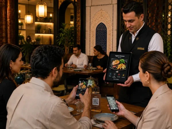 Waiter presenting a digital menu on a tablet while diners scan a QR code in a modern Turkish restaurant with warm ambient lighting.