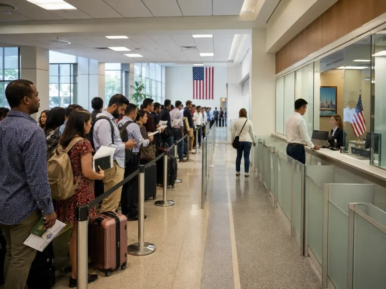 Tours 11 A long queue of diverse international travellers carrying passports, documents, and luggage waits behind rope barriers in a bright US embassy visa application hall, with an American flag hanging on the wall and a consular officer visible at a service window on the right.