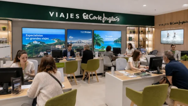 Busy Viajes El Corte Inglés travel agency interior with customers speaking to staff at booking desks