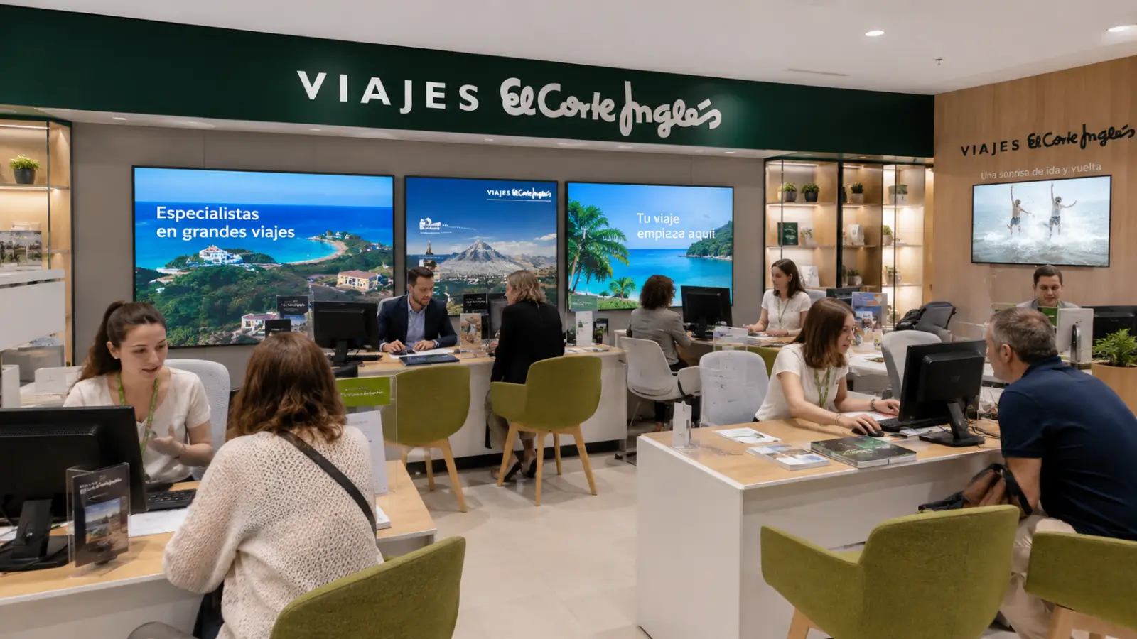 Busy Viajes El Corte Inglés travel agency interior with customers speaking to staff at booking desks