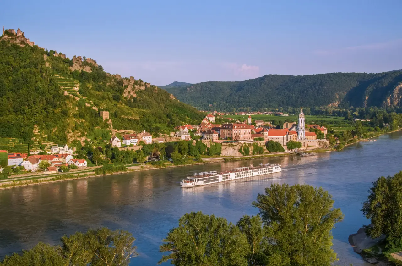 Viking Announces Zeppelin Airship Rides And New Offerings For European River Voyages 4 Viking Longship Vili sailing past the village of Durnstein in Austria's Wachau Valley on the Danube River at sunset