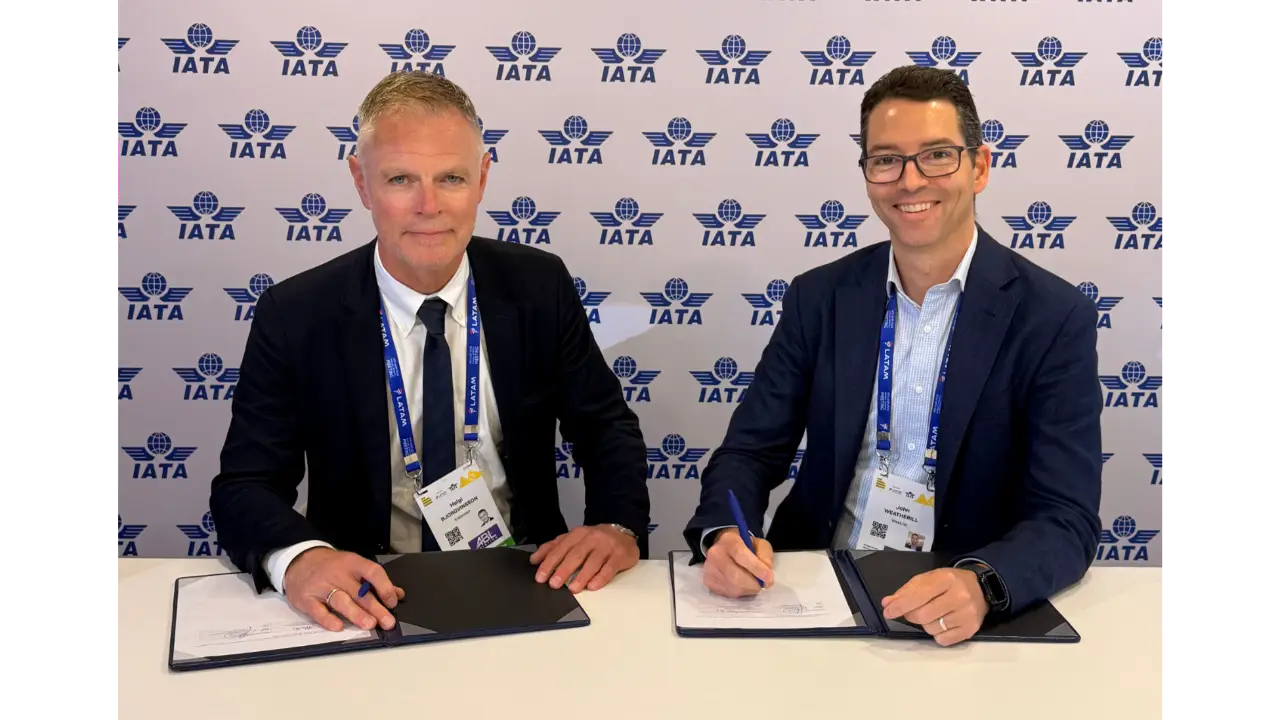 Executives from WestJet and Icelandair sign a reciprocal codeshare agreement at the IATA AGM 2026