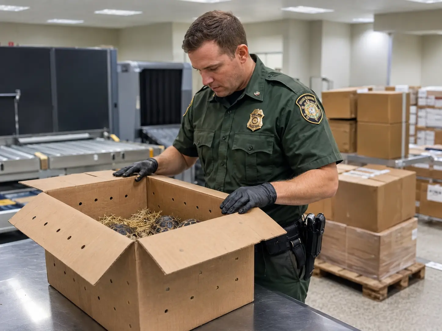 Wildlife inspector opens box of smuggled turtles at airport cargo facility