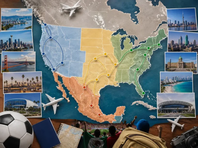 Illustrated North America map showing 2026 World Cup travel routes across host city clusters with stadiums, airplanes, and football fan atmosphere.