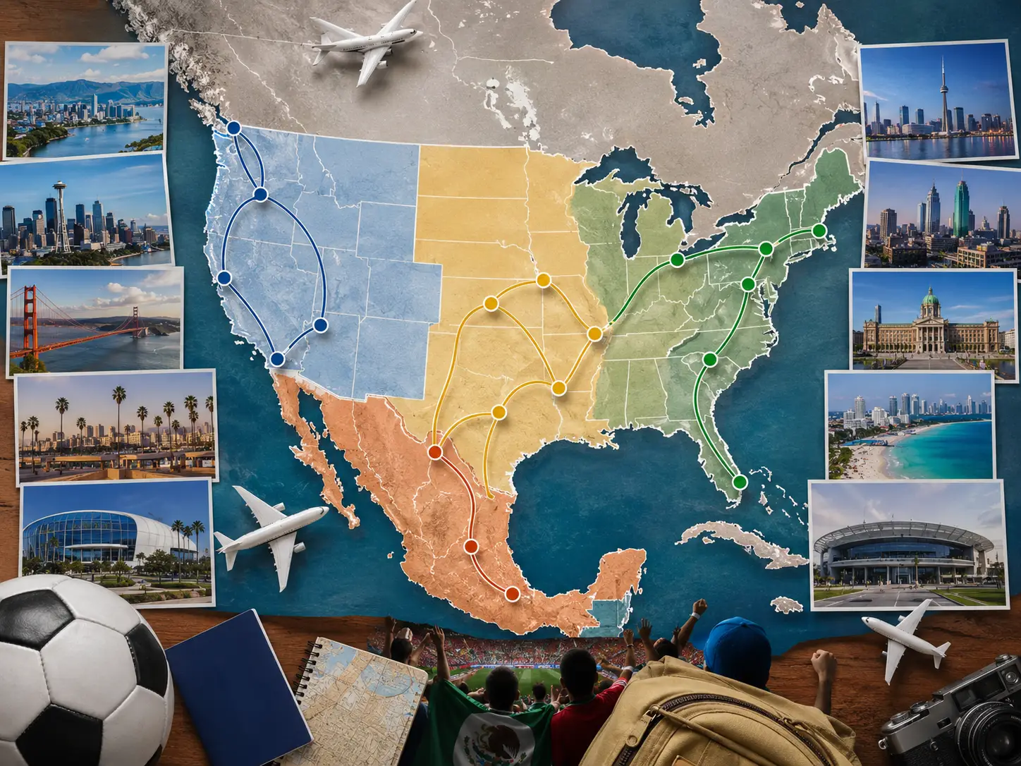 Illustrated North America map showing 2026 World Cup travel routes across host city clusters with stadiums, airplanes, and football fan atmosphere.