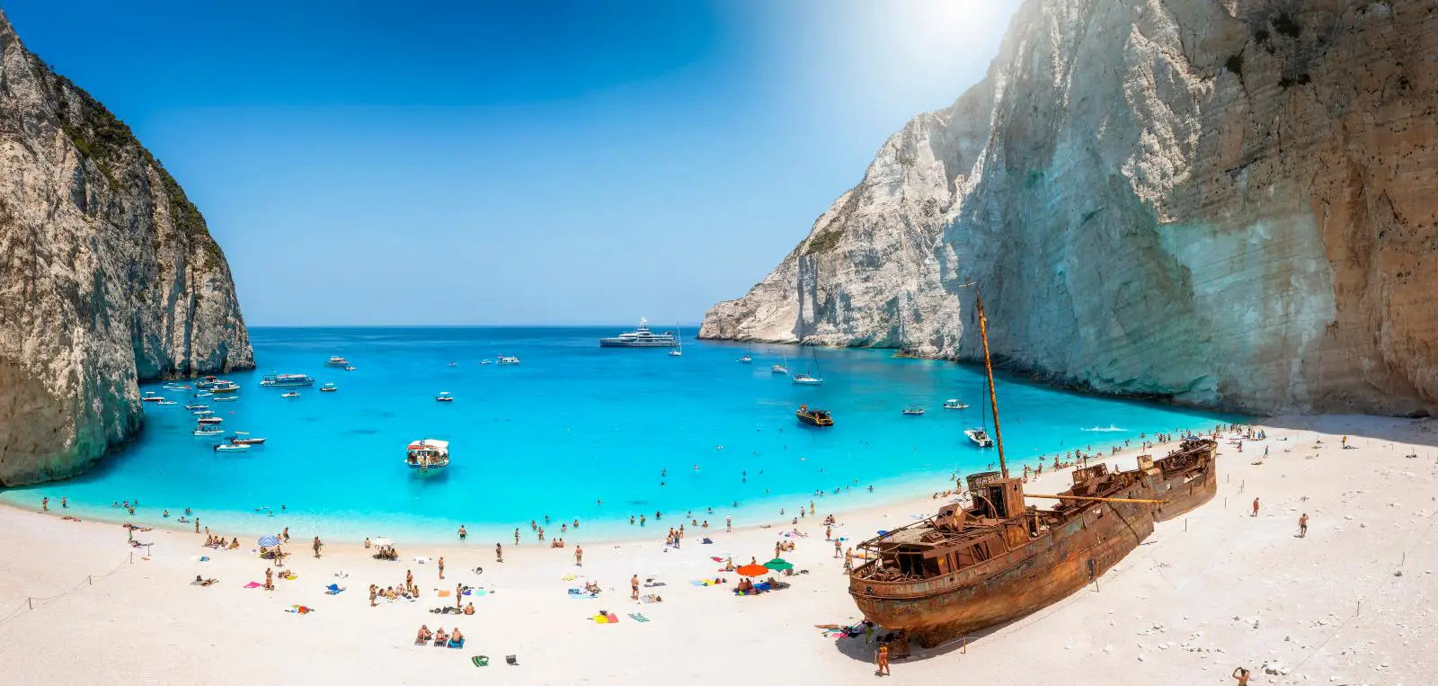 Zakynthos Navagio Beach Closed Until 31 October Over Landslide Risk 6 Panoramic view of Navagio Beach in Zakynthos with turquoise water, limestone cliffs and the famous shipwreck on the sandy shore