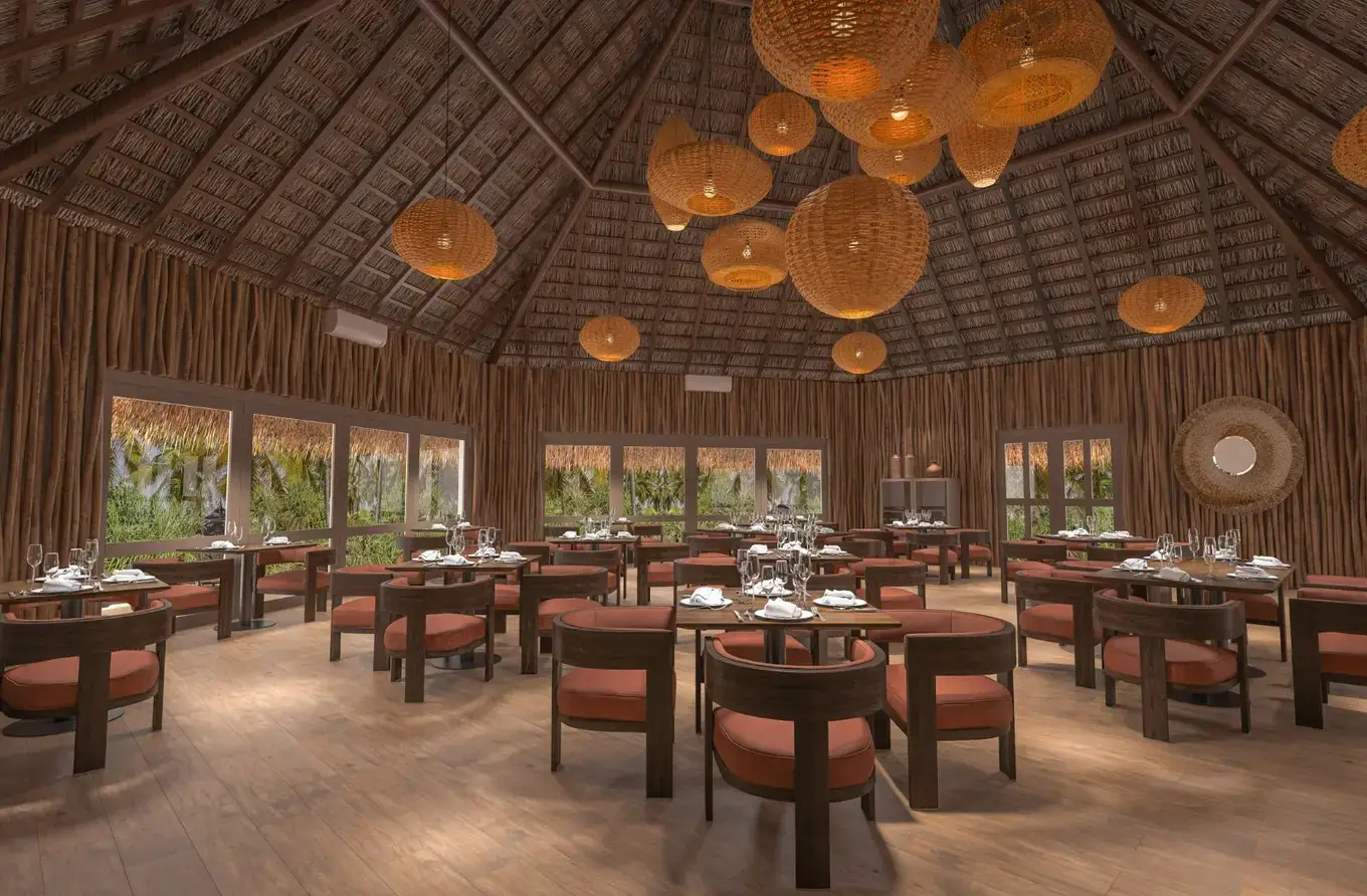 Meliá Hotels And Rafael Nadal Expand Zel Hotels To Mexico With The Opening Of Zel Cozumel In Fall 2026 4 Volcan restaurant rendering at ZEL Cozumel with thatched roof, woven pendant lights and terracotta seating