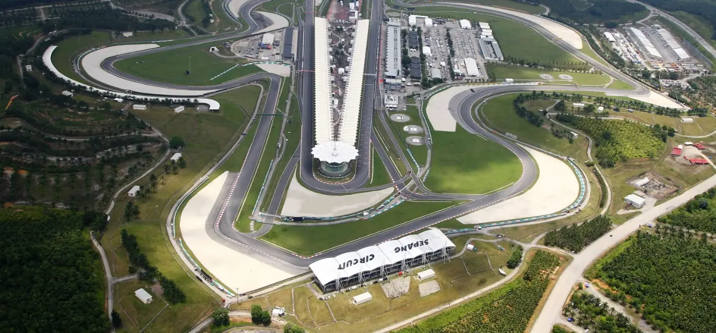 Aerial view of Sepang International Circuit showing the Formula 1 track and pit complex in Malaysia