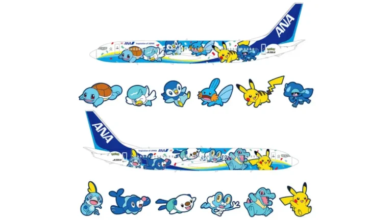 Side view of an ANA Boeing 737-800 aircraft in blue livery featuring Pikachu and water type Pokemon characters along the fuselage, with individual character illustrations shown below the plane