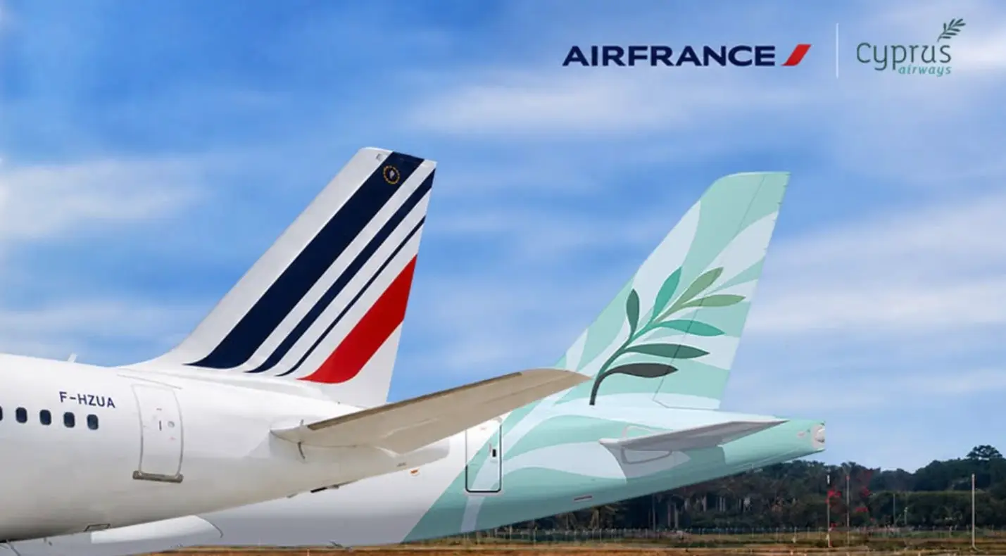 Air France and Cyprus Airways aircraft tails displayed together to mark a new codeshare agreement between the two airlines.