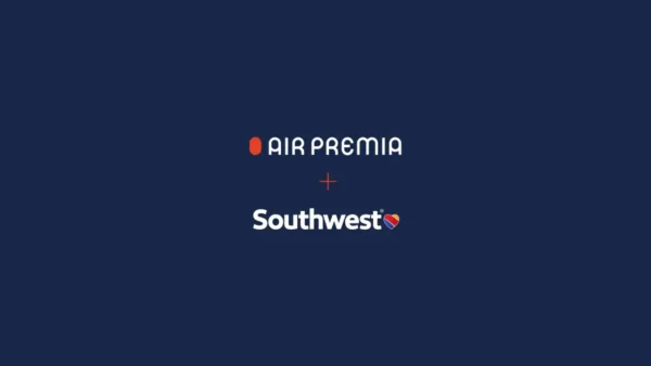 News 23 Air Premia and Southwest Airlines logos on a blue background with a plus symbol between them.