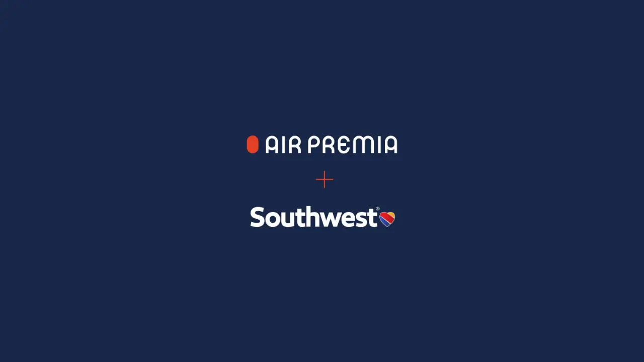 Air Premia Is First Korean Carrier To Launch Interline Partnership With Southwest Airlines 4 Air Premia and Southwest Airlines logos on a blue background with a plus symbol between them.