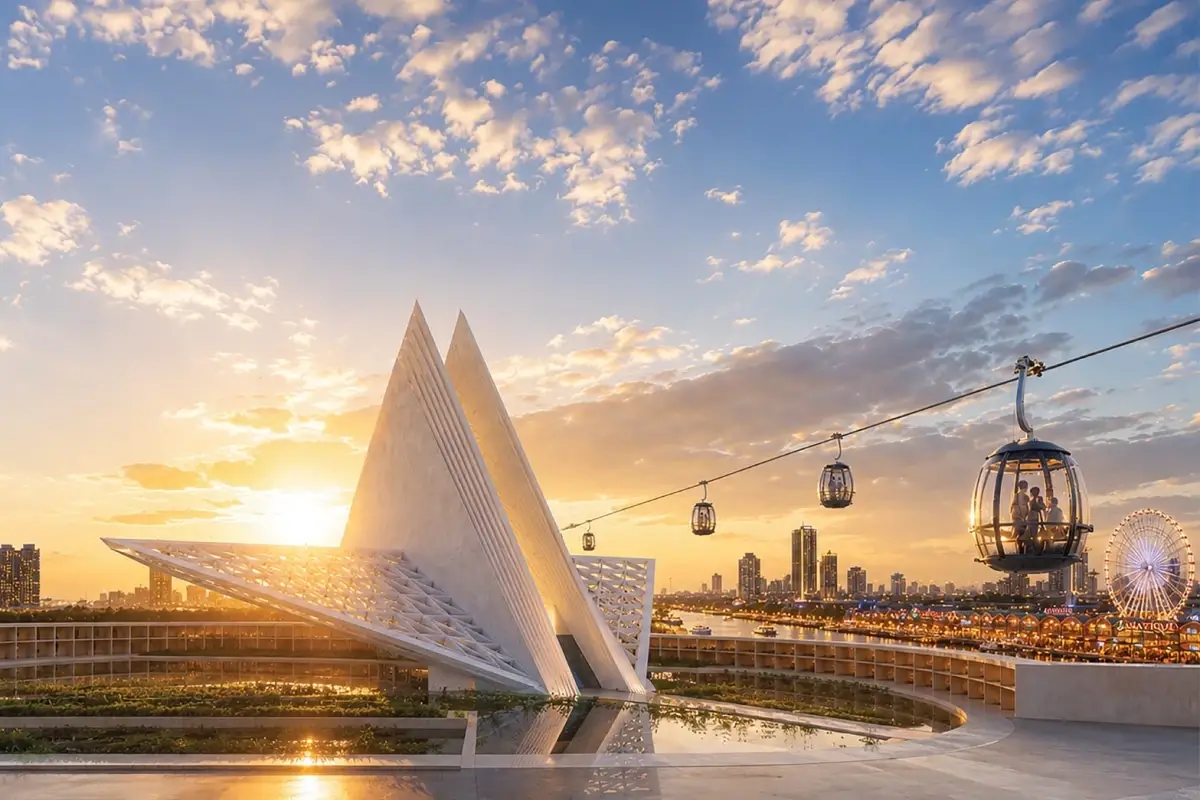Concept rendering of Bangkok's sustainable cross-river cable car passing the future MONA Bangkok museum at sunset.