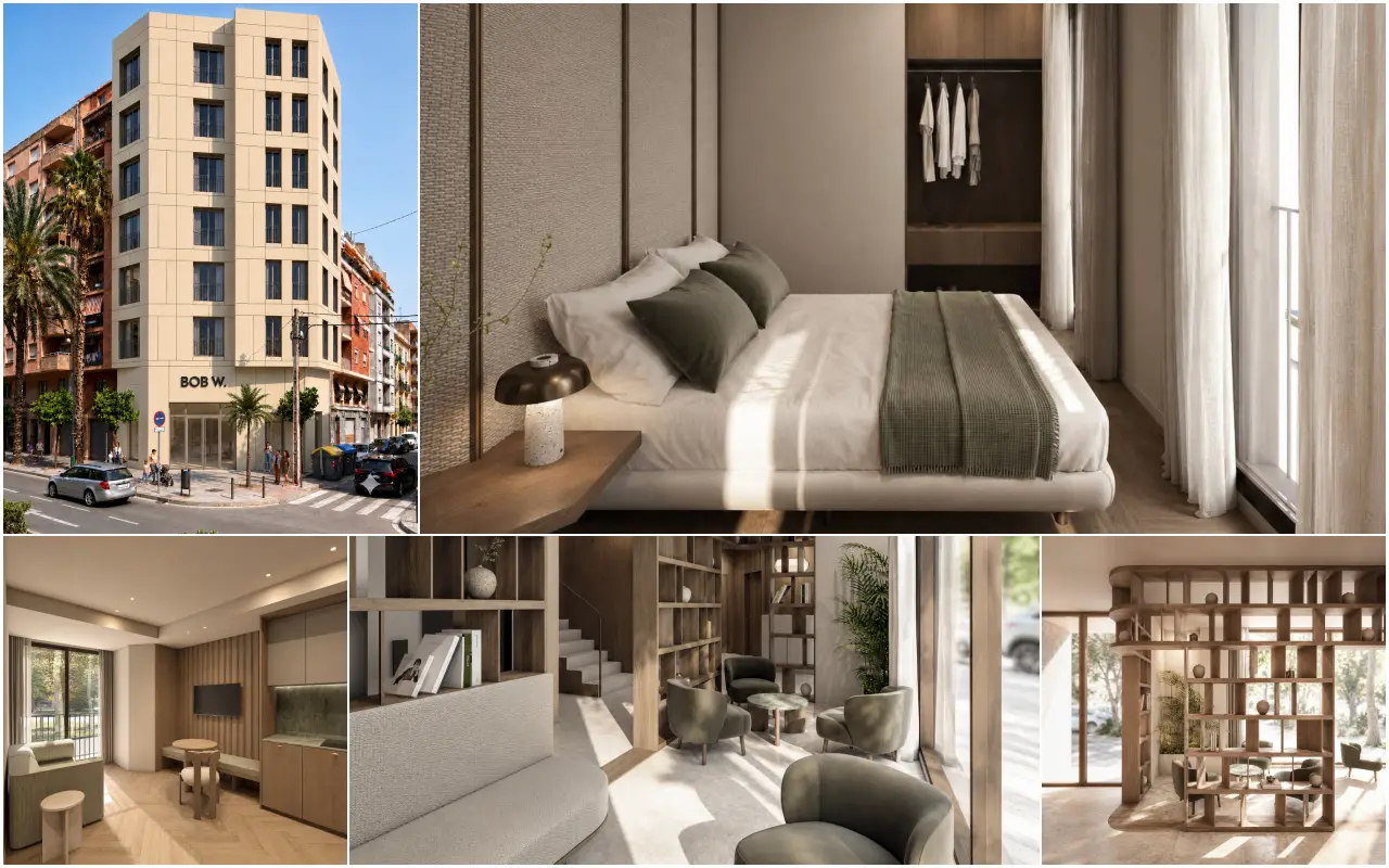 Bob W Brings Design-Led Apartments To Valencia In Spanish Expansion Push 3 Collage of Bob W Valencia Turia showing the building exterior on Pepita 21, a bedroom with neutral tones and sheer curtains, a kitchenette and lounge seating area, and a wood-shelved communal lounge with armchairs