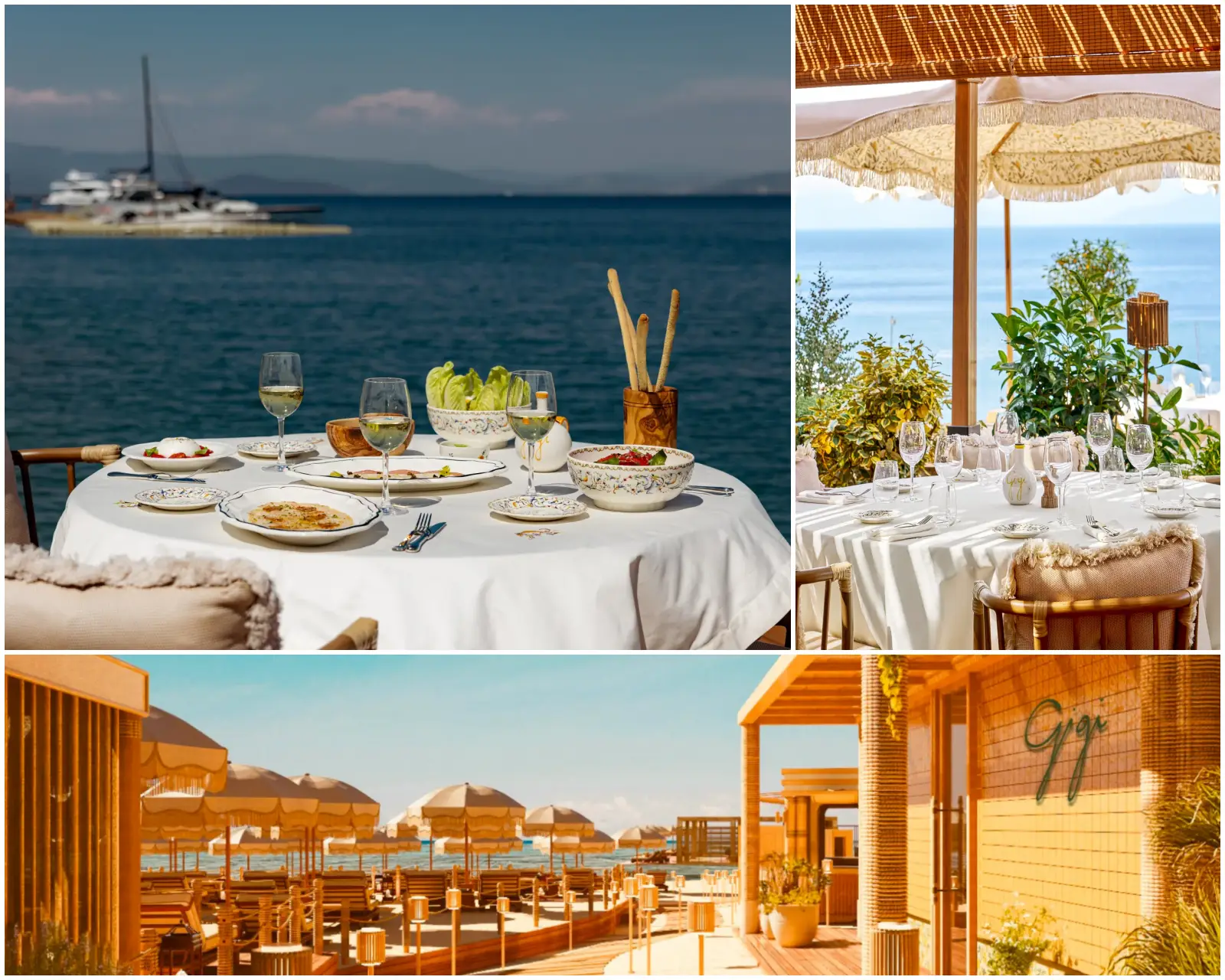 Gigi Rigolatto Reopens At Mandarin Oriental Bodrum 7 Outdoor dining tables and beachfront seating at Gigi Rigolatto, Mandarin Oriental Bodrum, overlooking the Aegean Sea.