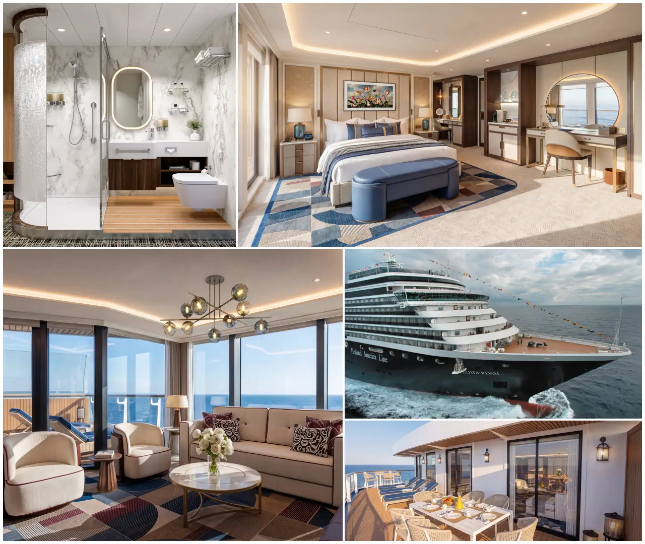 Holland America Line Names Zuiderdam Next Ship In Evolution Program 3 Collage of renderings showing Zuiderdam's new suite accommodations under the Holland America Evolution program, including a marble bathroom, bedroom, living area, private balcony dining space and the ship's bow at sea.