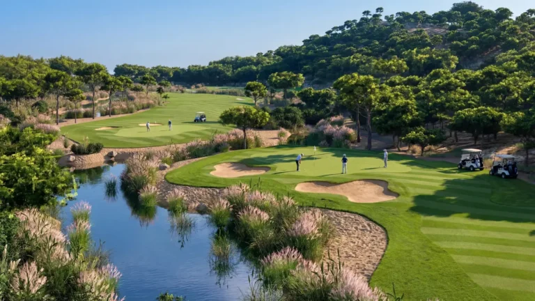 Accommodation 14 Golfers on Dalaman Golf Club’s sixth green beside wetlands and wooded hills