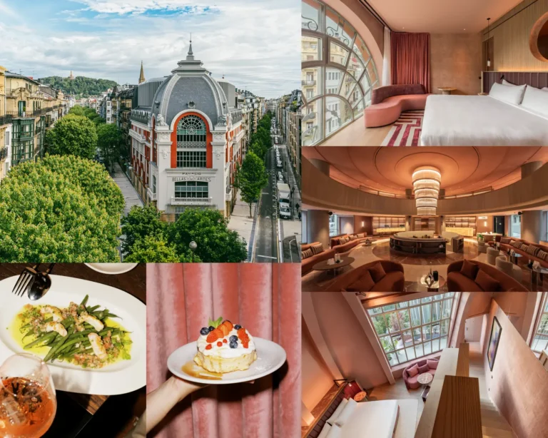 Collage showcasing Hotel Palacio Bellas Artes San Sebastián with its historic façade, stylish guest rooms, restaurant, desserts, lounge, and city views.