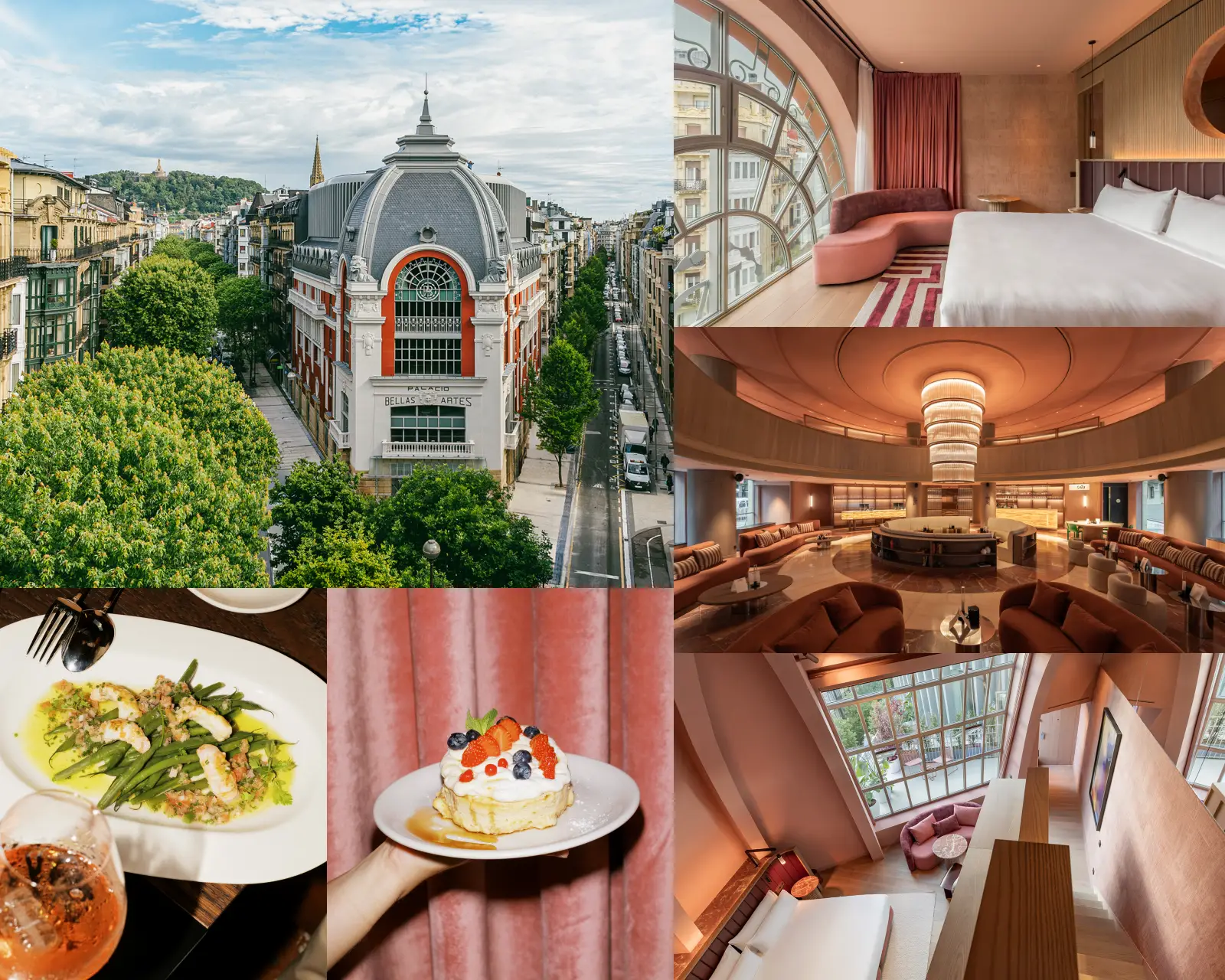 San Sebastián'S Historic Bellas Artes Cinema Is Now A Boutique Hotel 3 Collage showcasing Hotel Palacio Bellas Artes San Sebastián with its historic façade, stylish guest rooms, restaurant, desserts, lounge, and city views.