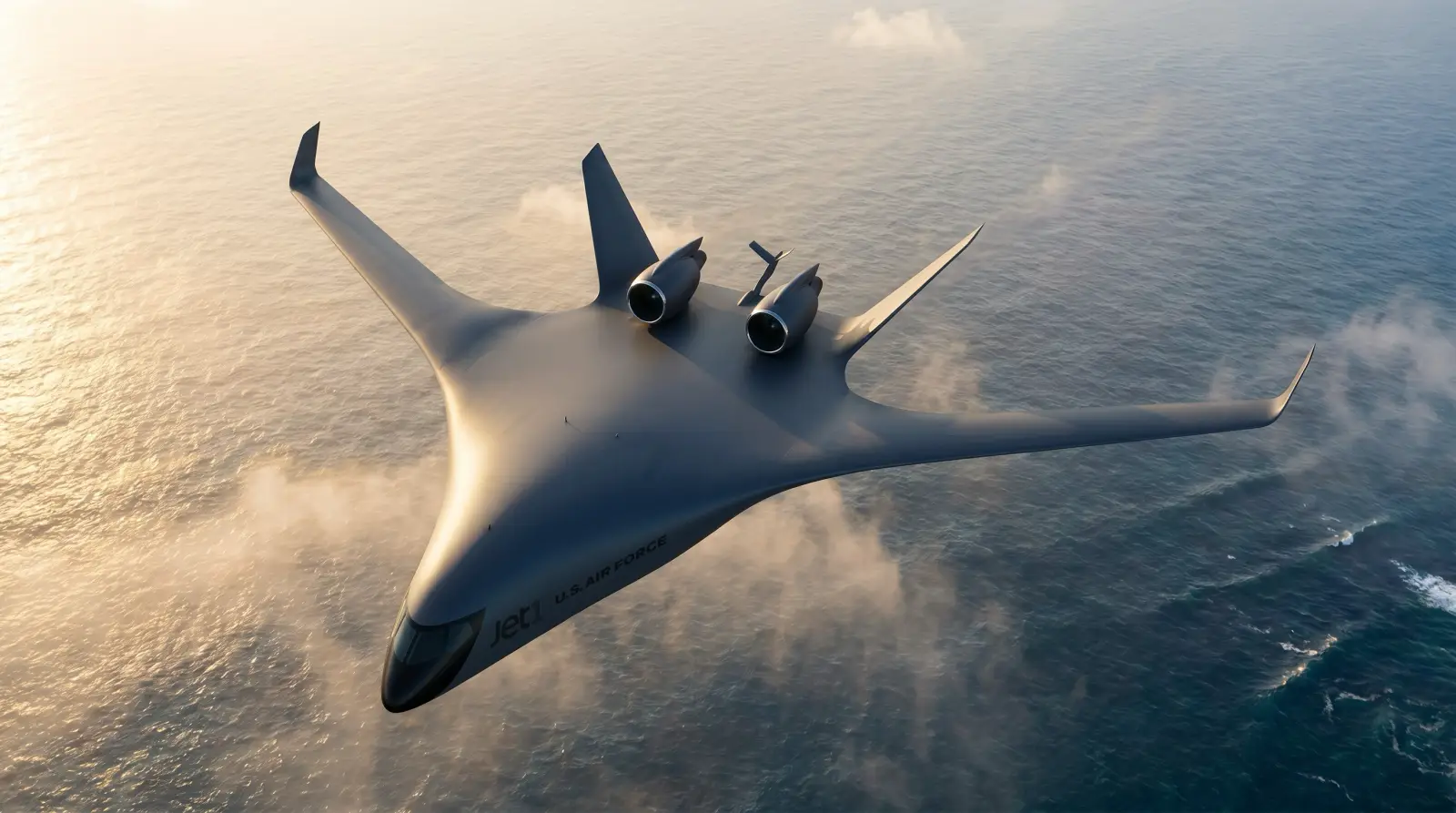 Japan Airlines Partners With Jetzero To Support Development Of Z4 3 Aerial view of JetZero's Jet1 blended wing body demonstrator aircraft, marked U.S. Air Force, flying over the ocean at sunset with twin rear-mounted engines visible