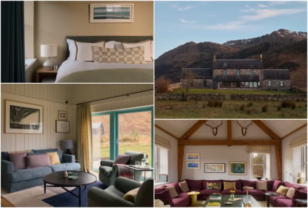 Collage of Kilchoan Estate by Dunton in the Scottish Highlands featuring restored luxury cottage interiors, a historic stone lodge and scenic mountain surroundings on the Knoydart Peninsula.