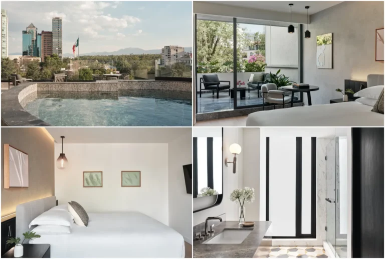 Accommodation 24 Collage showing Kimpton El Castelar in Mexico City’s Polanco neighborhood, including a rooftop pool, guest rooms, terrace and bathroom.