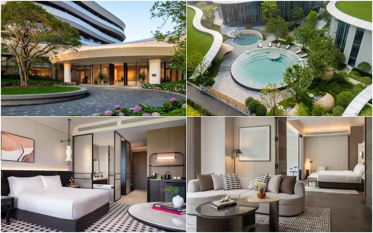 Kimpton Opens Forest Escape Hotel In Shanghai With Pet Park And Kids Club 3 Kimpton Nine Trees Shanghai exterior, pool, guestroom and suite collage