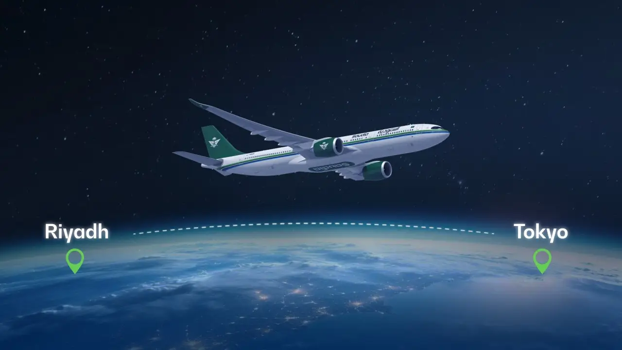 A Saudia aircraft flies above a map showing the new route between Riyadh and Tokyo.
