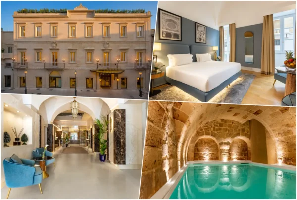 Home 2 Collage of Tivoli Palazzo 1880 Lecce Hotel facade, guest room, lobby and vaulted pool