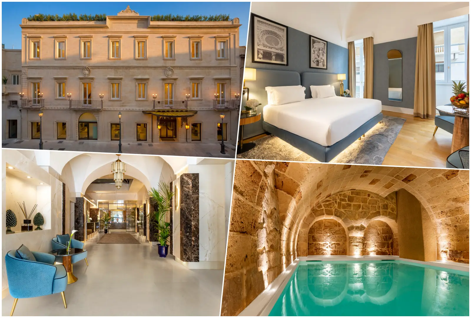 Collage of Tivoli Palazzo 1880 Lecce Hotel facade, guest room, lobby and vaulted pool
