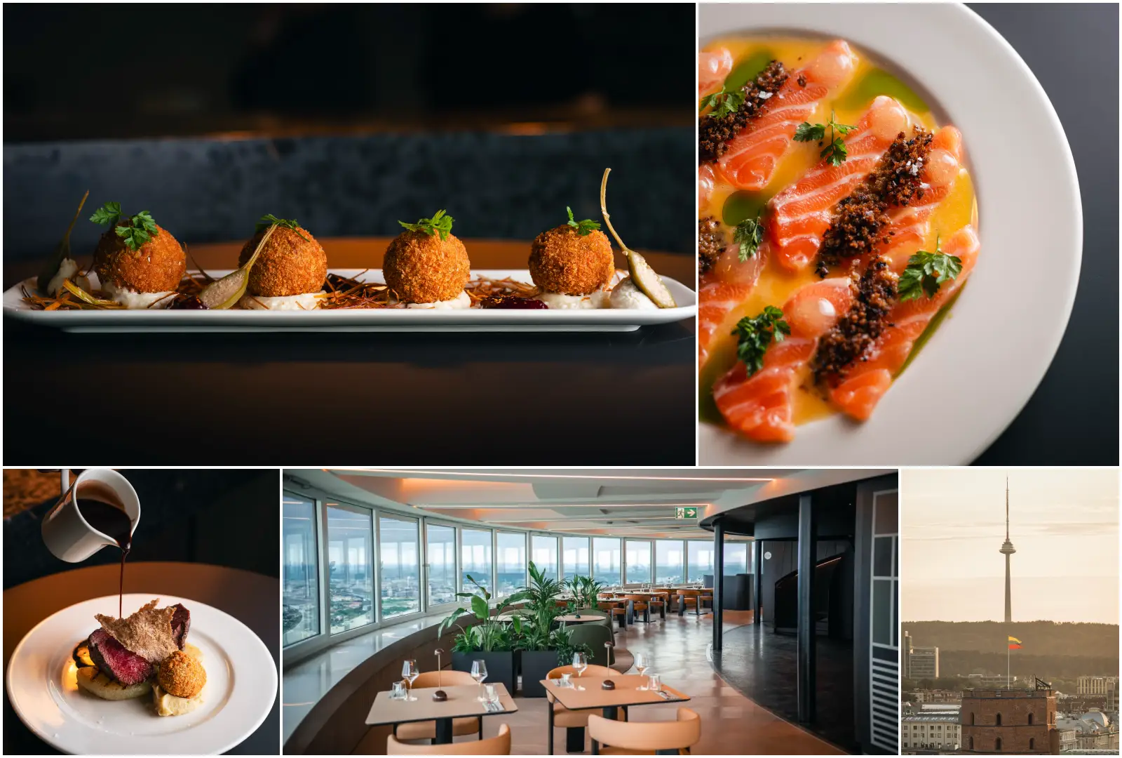 Vilnius Reopens Its Rotating Restaurant 165 Metres Above The City 4 Aerial view of Vilnius TV Tower alongside dishes and interior views from the Milky Way restaurant, including fried croquettes, cured salmon, plated meat with sauce and the panoramic dining room