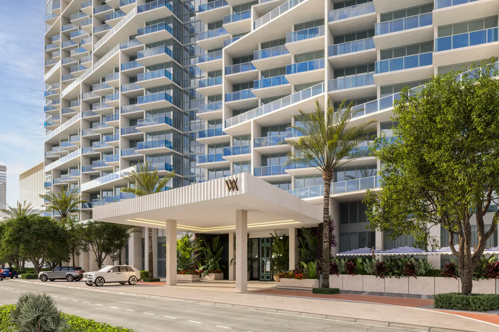 Hilton And Reuben Brothers Plan Waldorf Astoria Miami Beach 3 Entrance and porte cochère of Waldorf Astoria Residences Miami with the luxury residential tower rising above.