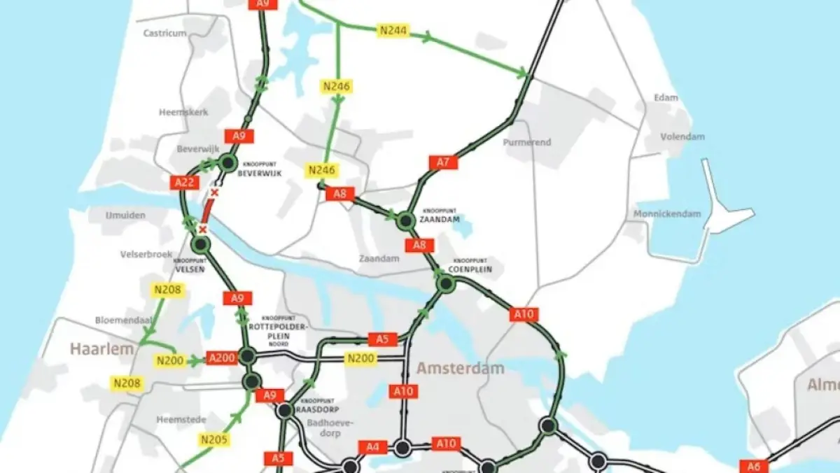 Holidaymakers Warned Of Delays On Routes To Amsterdam And North Sea Beaches 9 Map showing diversion routes around the closed A9 Wijkertunnel near Amsterdam, with traffic redirected via the A10 Coentunnel and A22 Velsertunnel.