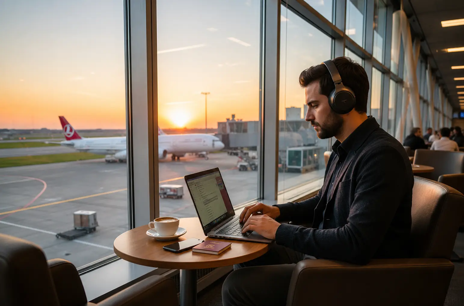 A traveler works on a laptop at an airport lounge overlooking the runway during sunset, with a coffee, passport, and aircraft visible outside.